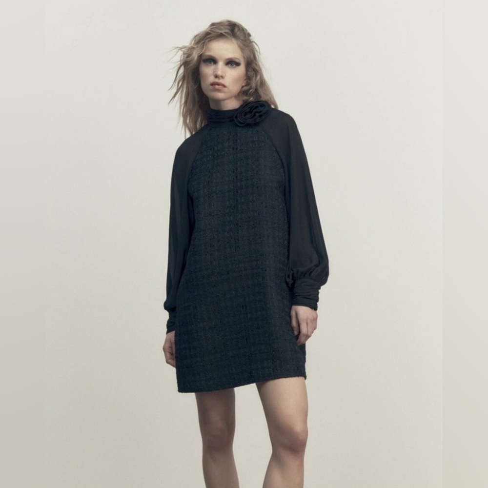 Zara  Black Tweed High Neck Women's Mini Dress